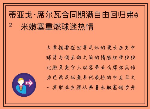 蒂亚戈·席尔瓦合同期满自由回归弗鲁米嫩塞重燃球迷热情